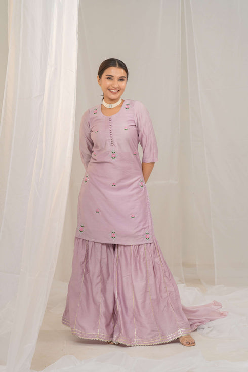 Kzari Chanderi Silk Kurta and Sharara Set with Elegant Embroidery and Chiffon Dupatta